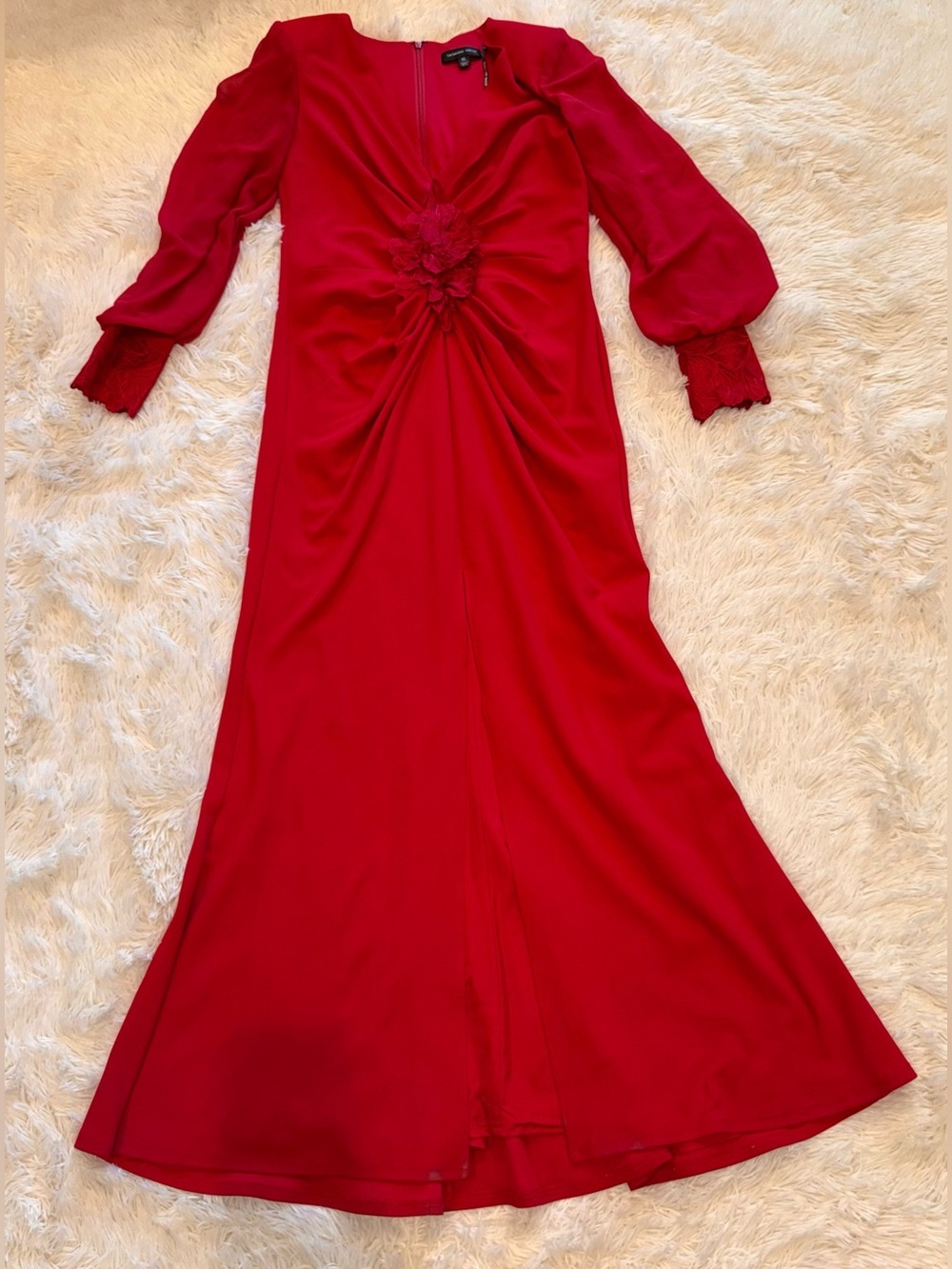 NEW TADASHI SHOJI Sahana Long Bishop Sleeve Plunge Red Gown Sz XL - Picture 4 of 11